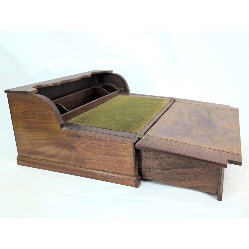 Antique Travel Desk Lap Writing Box Tambour Rolltop With Key And Glass Inkwell